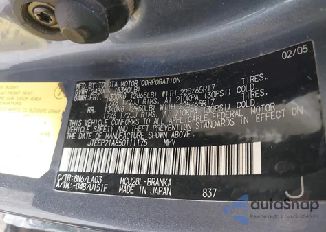 2005 Toyota Highlander Limited V6 from USA, damaged, VIN JTEEP21A850111175